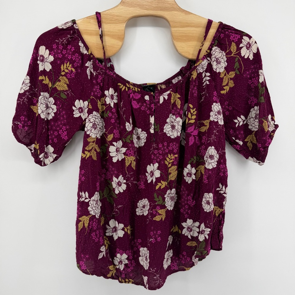 Torrid Blouse Womens 3‎ Plum Floral Cold Shoulder Peasant Top Boho Short Sleeve